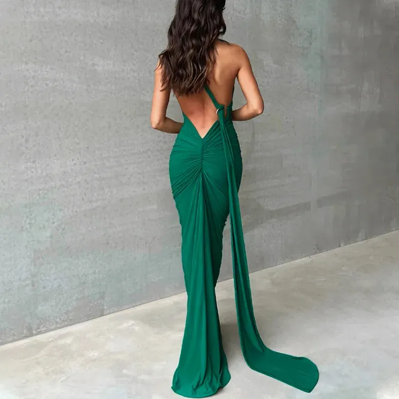 Obsidian Phoenix One-Shoulder Backless Maxi Dress