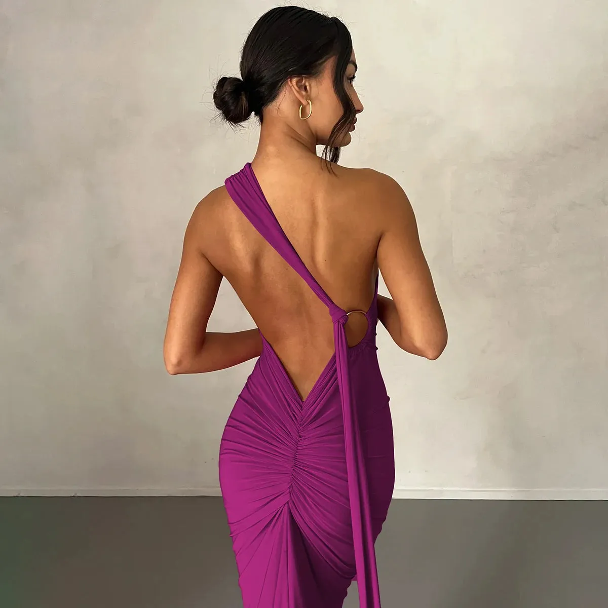 Obsidian Phoenix One-Shoulder Backless Maxi Dress
