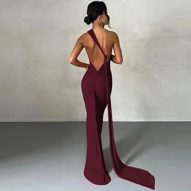 Obsidian Phoenix One-Shoulder Backless Maxi Dress
