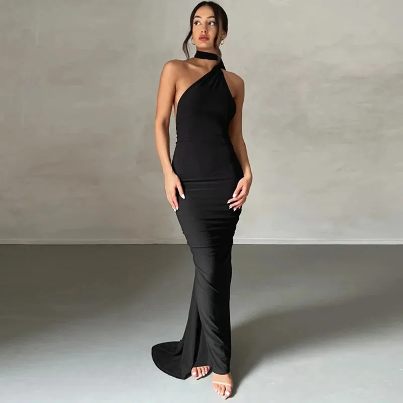 Obsidian Phoenix One-Shoulder Backless Maxi Dress