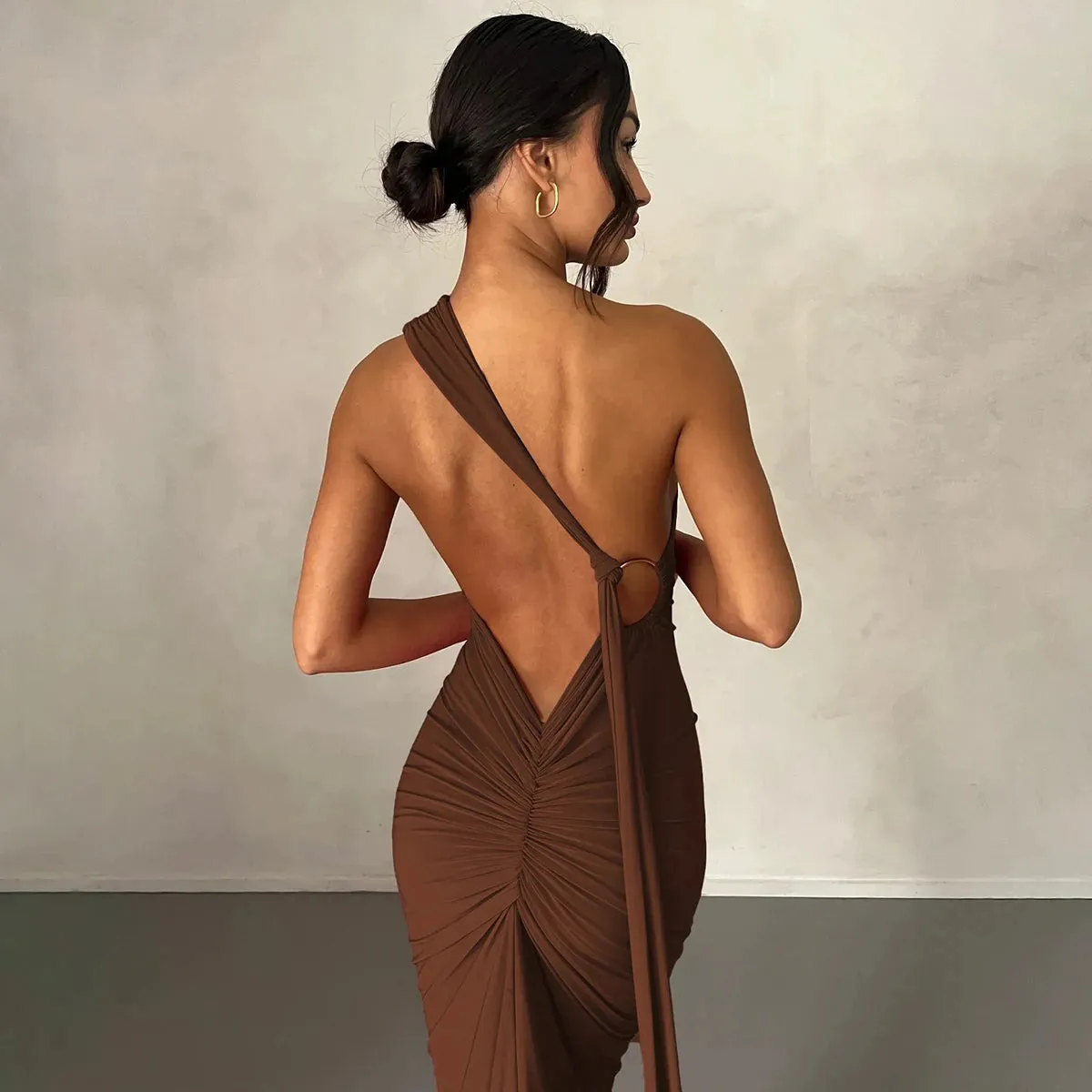 Obsidian Phoenix One-Shoulder Backless Maxi Dress