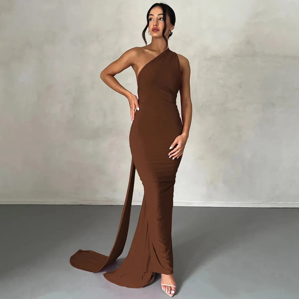 Obsidian Phoenix One-Shoulder Backless Maxi Dress