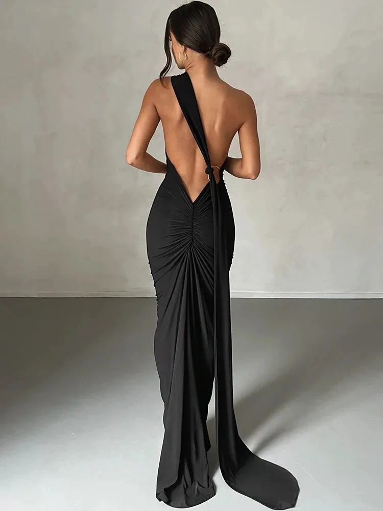 Obsidian Phoenix One-Shoulder Backless Maxi Dress