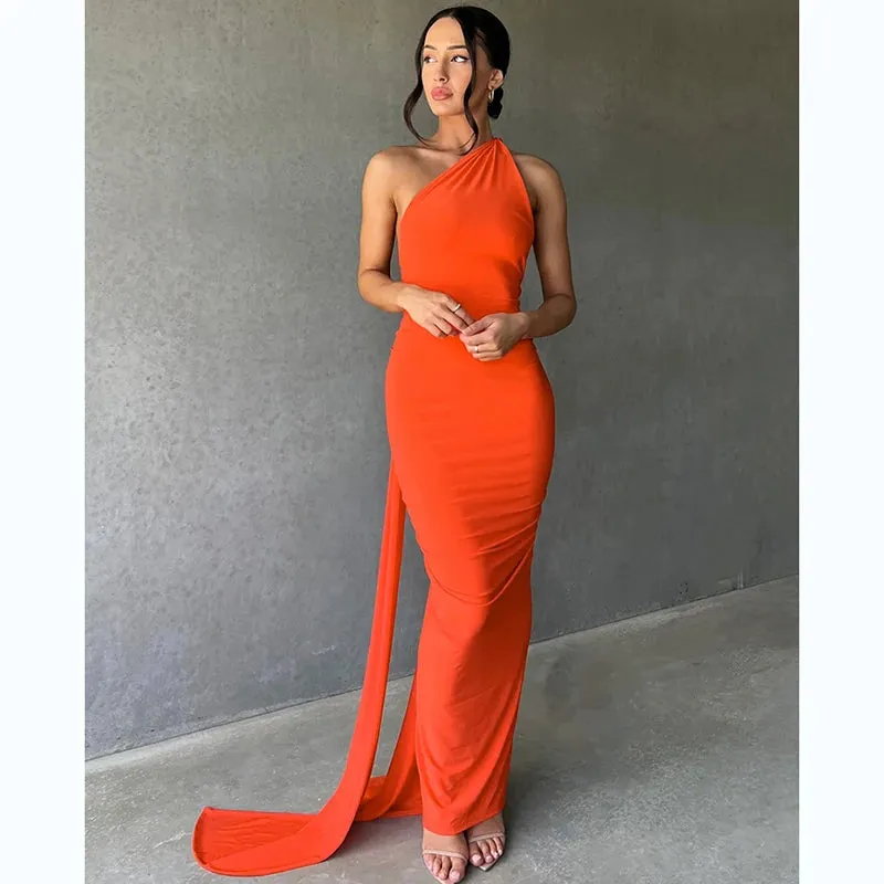 Obsidian Phoenix One-Shoulder Backless Maxi Dress