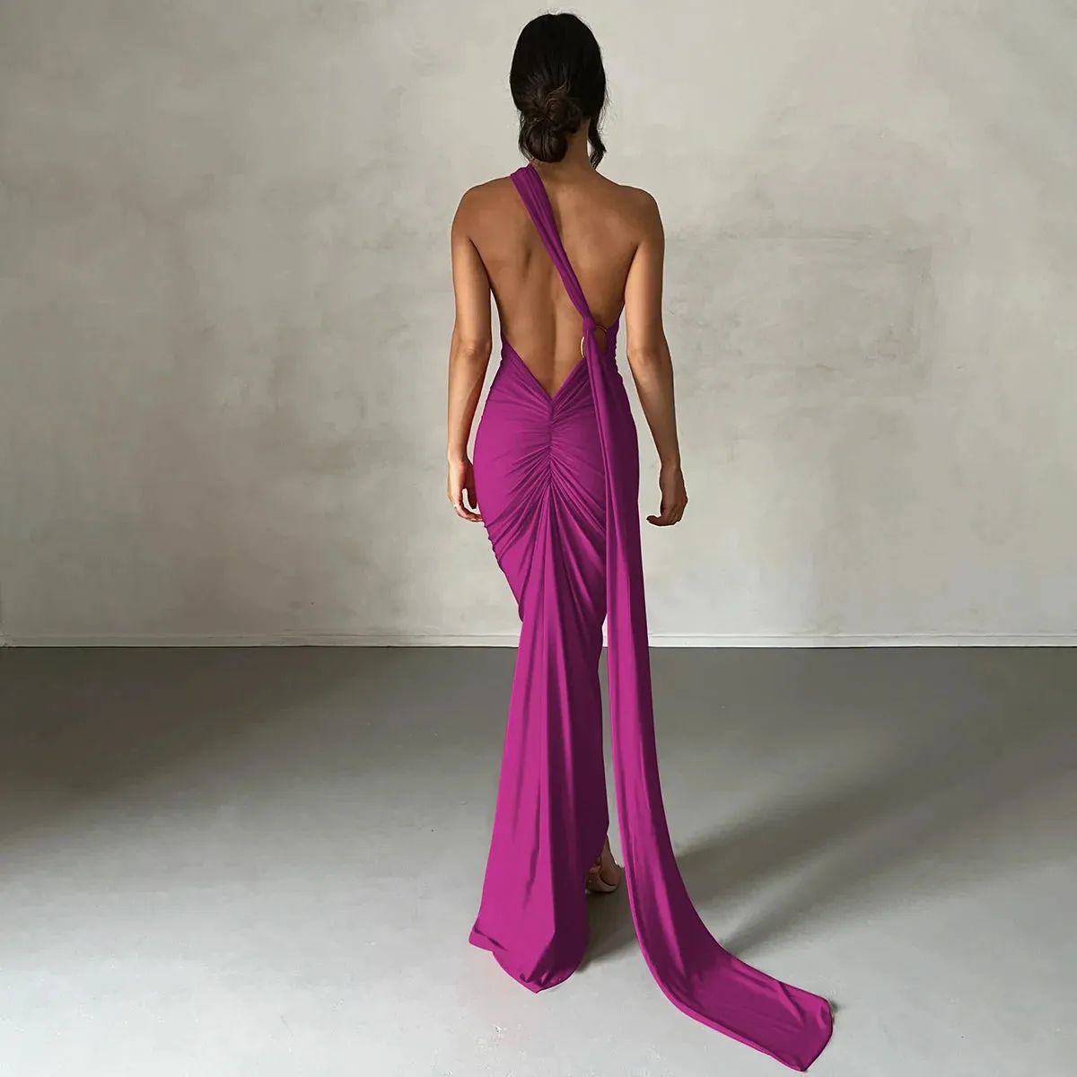 Obsidian Phoenix One-Shoulder Backless Maxi Dress