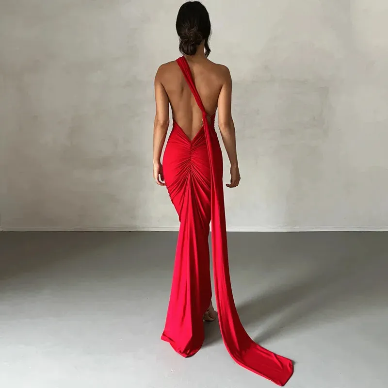 Obsidian Phoenix One-Shoulder Backless Maxi Dress