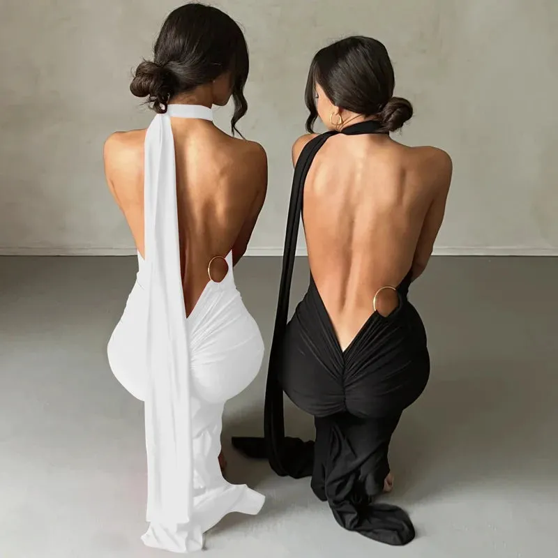 Obsidian Phoenix One-Shoulder Backless Maxi Dress