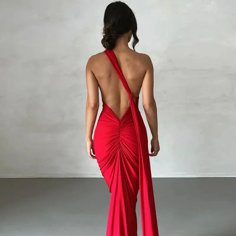 Obsidian Phoenix One-Shoulder Backless Maxi Dress