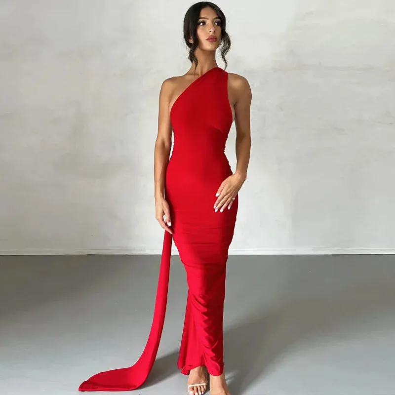 Obsidian Phoenix One-Shoulder Backless Maxi Dress