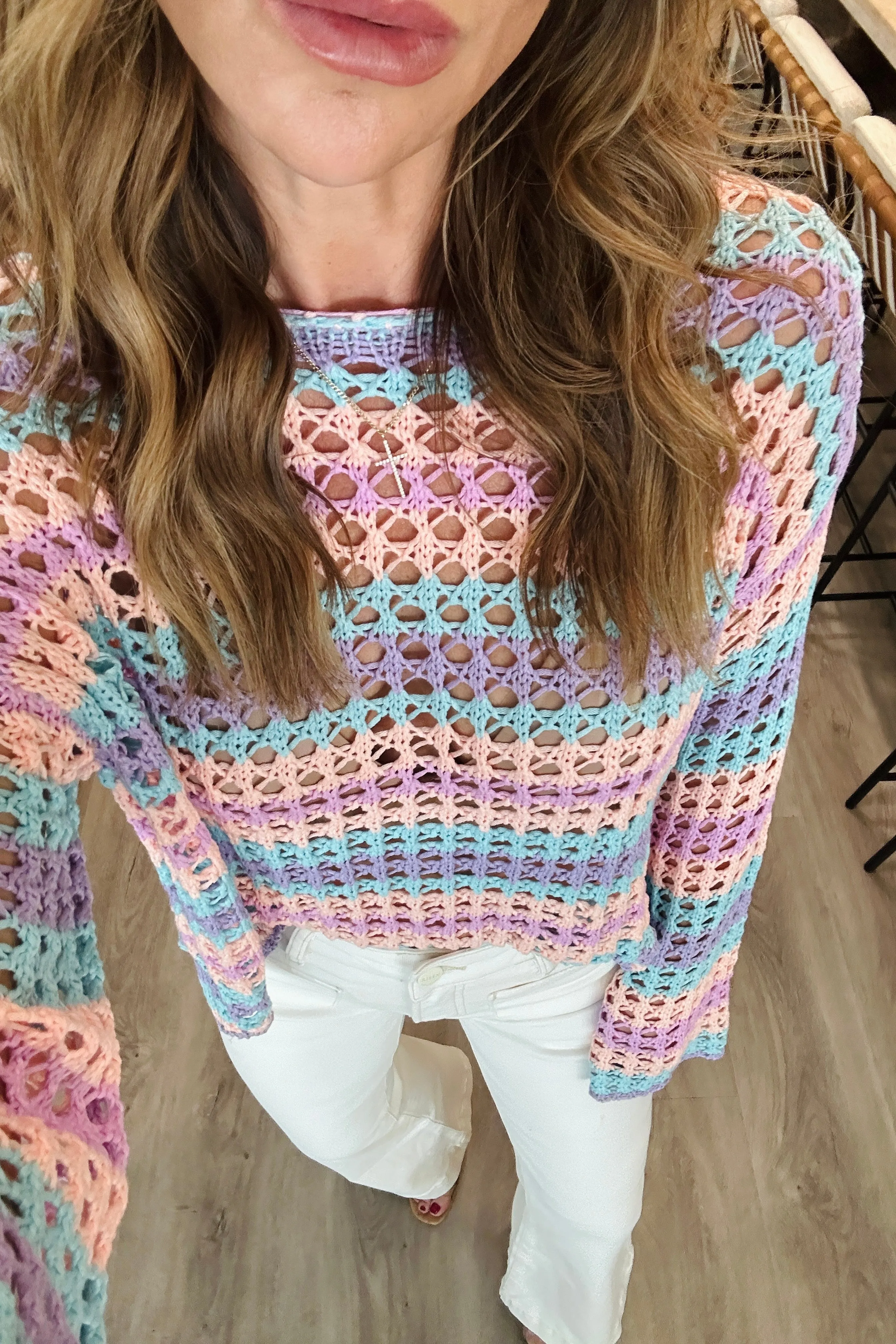 Openwork Side Slit Round Neck Striped Cover Up