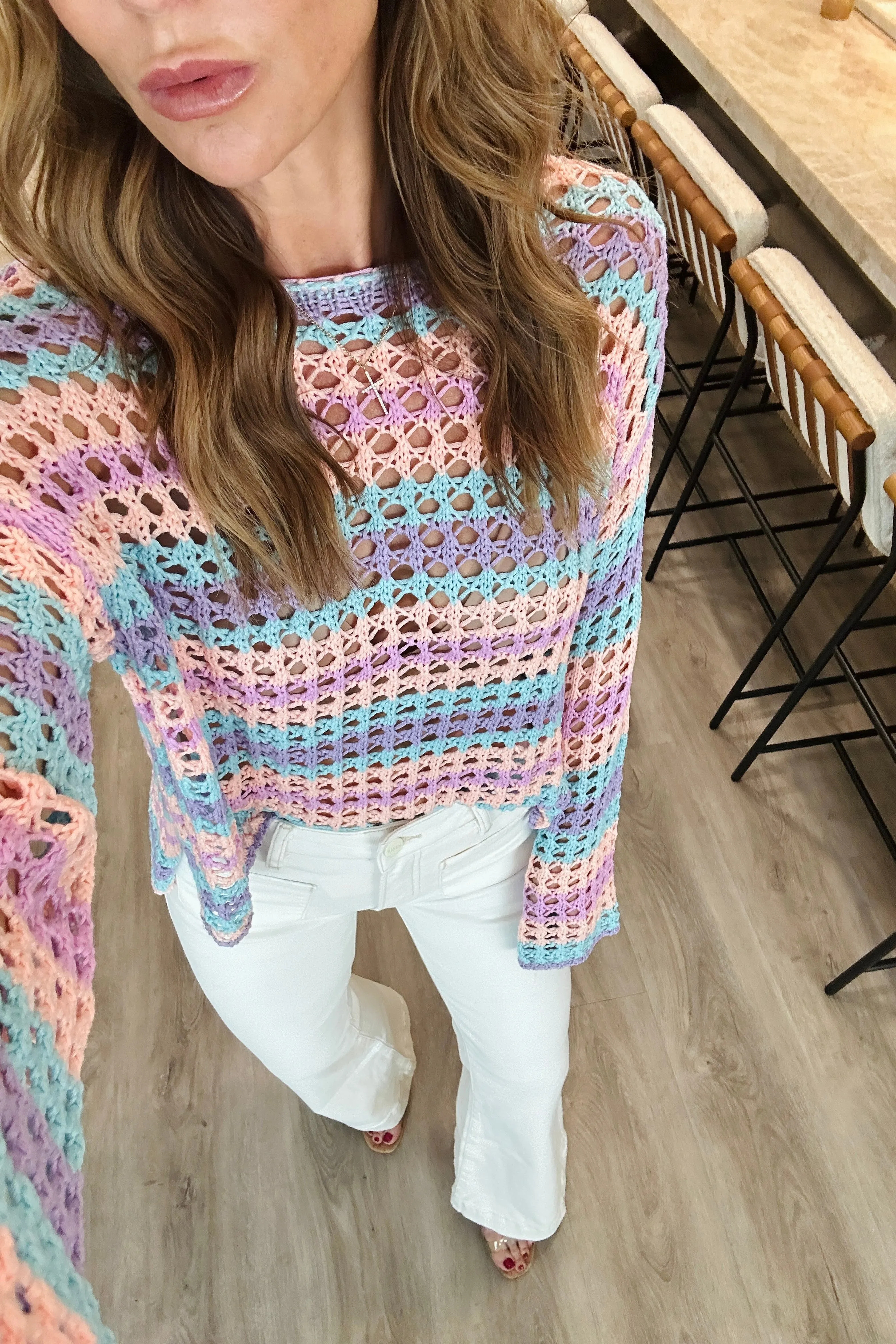 Openwork Side Slit Round Neck Striped Cover Up