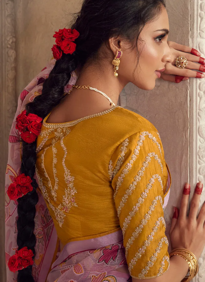 Pink And Yellow Traditional Embroidery Organza Silk Saree