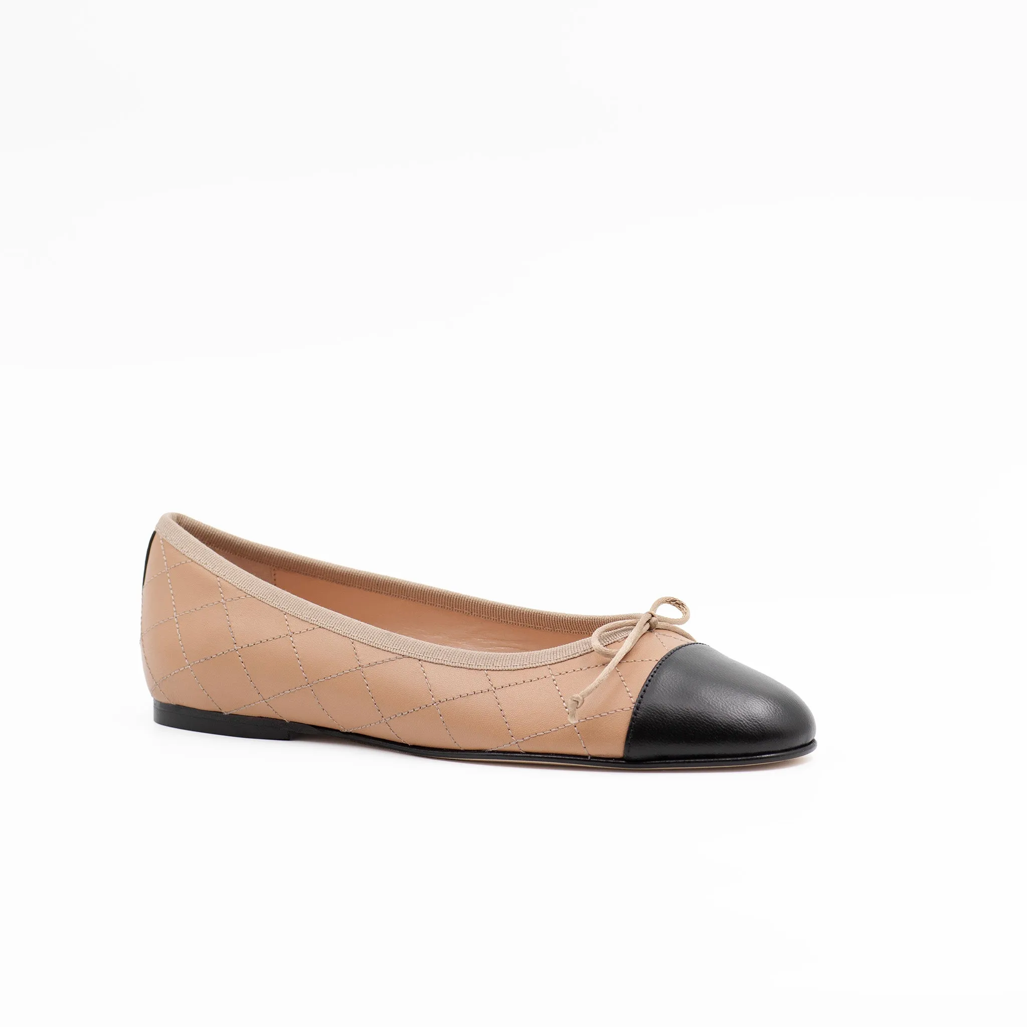 Quilted Ballet Flats in Beige Leather
