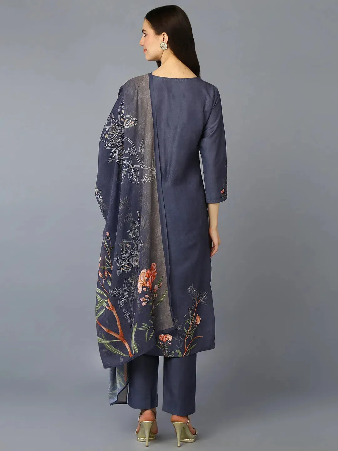 Silk Blend Grey Printed Straight Kurta Pant-PKSKD1959