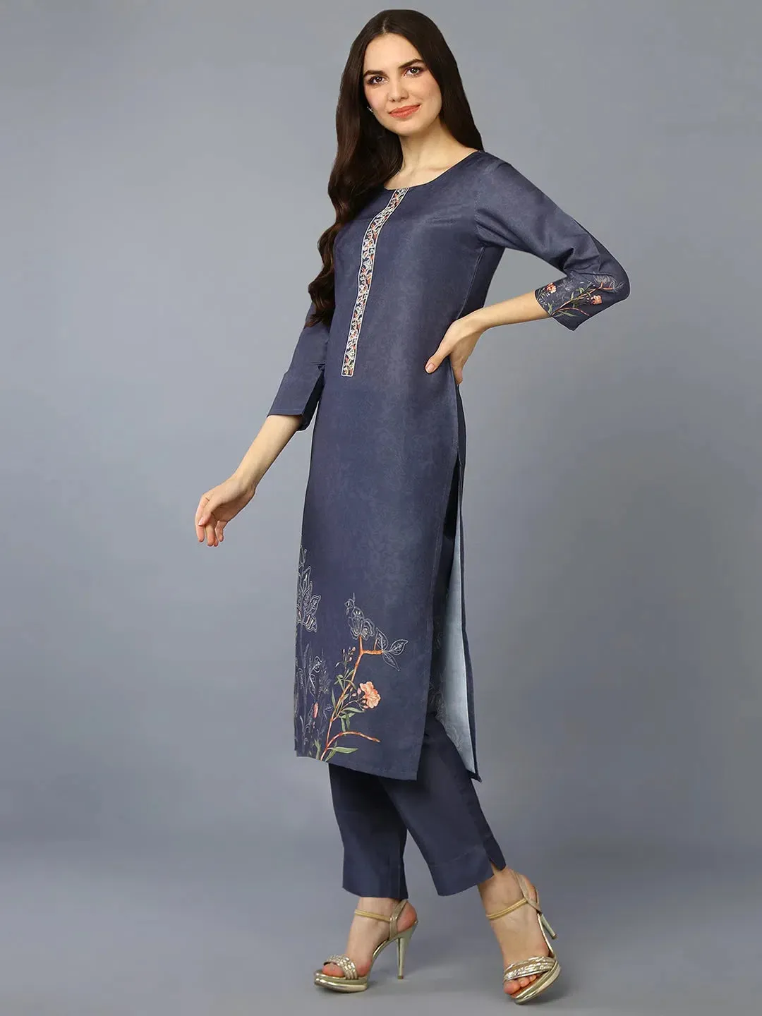 Silk Blend Grey Printed Straight Kurta Pant-PKSKD1959