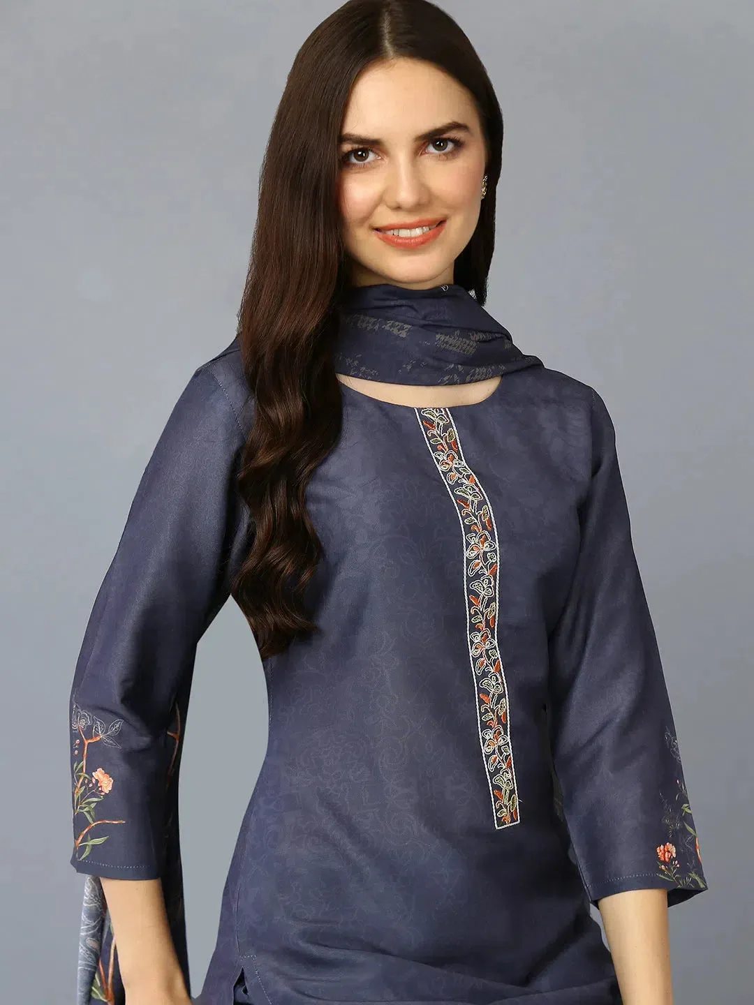 Silk Blend Grey Printed Straight Kurta Pant-PKSKD1959