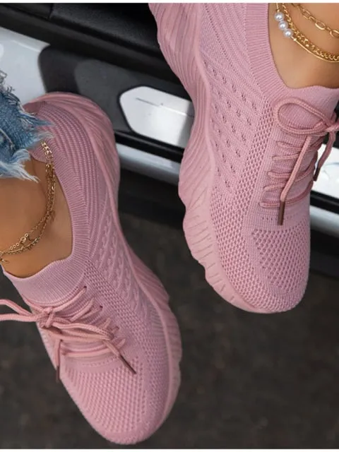 Sneakers Breathable Knitted Casual Women Socks Shoes Lace up Ladies Flats Female Spring Vulcanized Running Shoes
