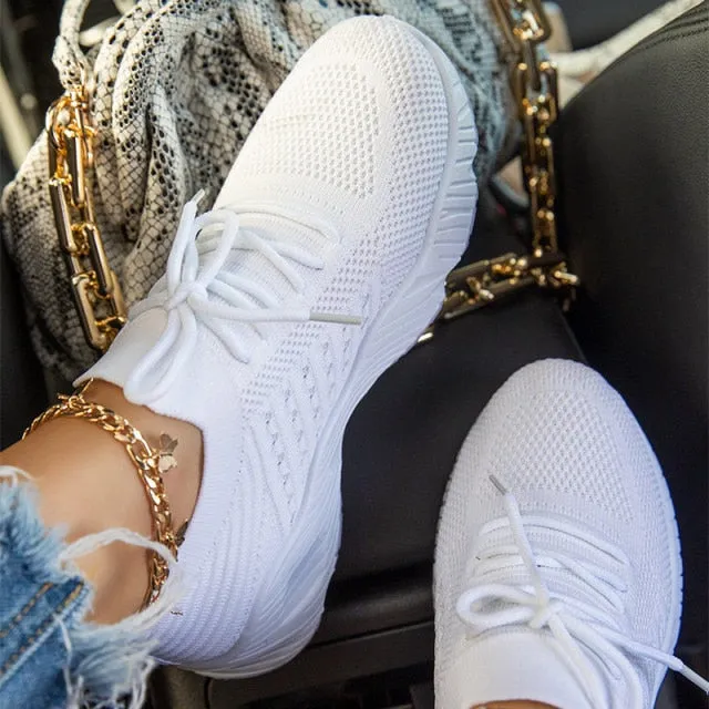 Sneakers Breathable Knitted Casual Women Socks Shoes Lace up Ladies Flats Female Spring Vulcanized Running Shoes