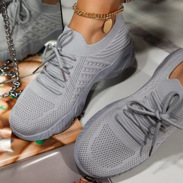 Sneakers Breathable Knitted Casual Women Socks Shoes Lace up Ladies Flats Female Spring Vulcanized Running Shoes
