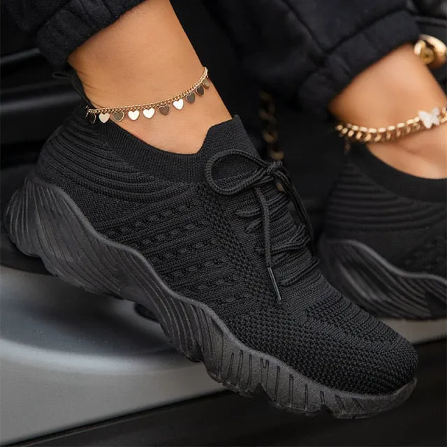 Sneakers Breathable Knitted Casual Women Socks Shoes Lace up Ladies Flats Female Spring Vulcanized Running Shoes