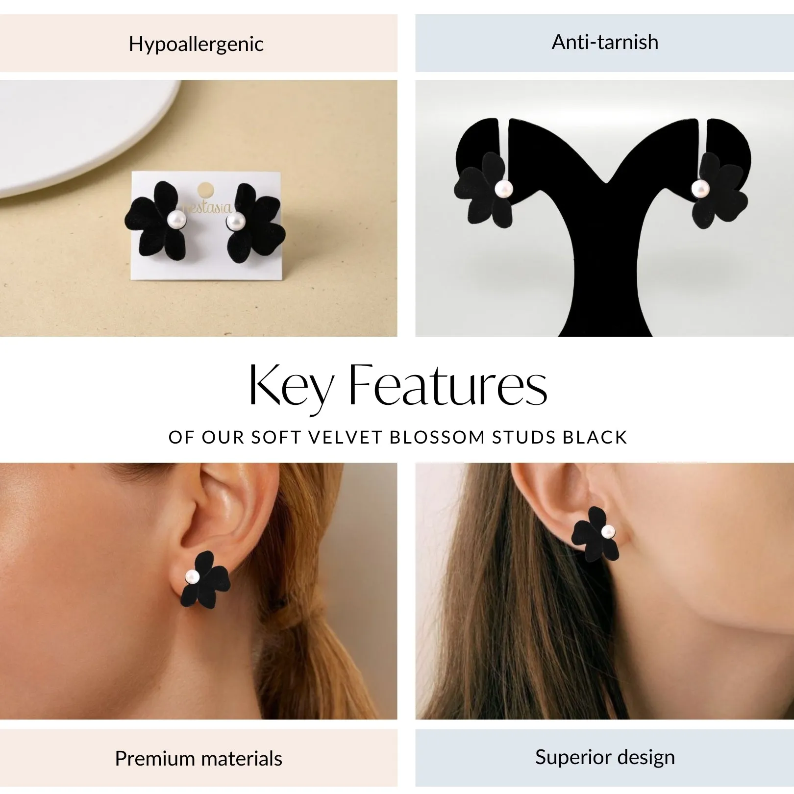 Soft Velvet Blossom Studs Black
