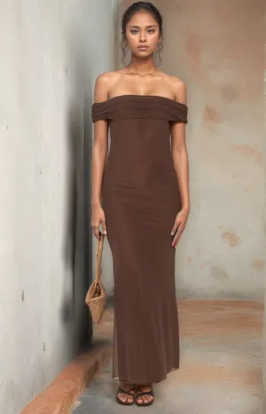 Tallow Elegant Off-Shoulder Mesh Maxi Dress -Brown