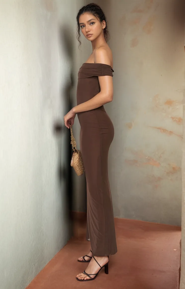 Tallow Elegant Off-Shoulder Mesh Maxi Dress -Brown