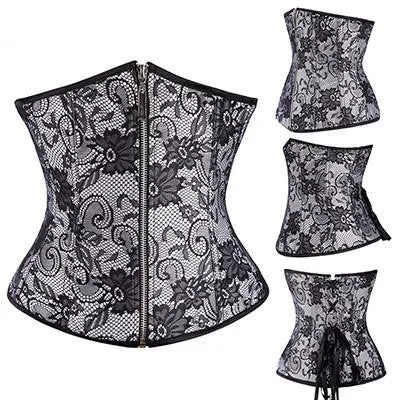 Underbust Waist Training Bone Floral Shaper Lace-up Zipper Corset Girdle Trainer