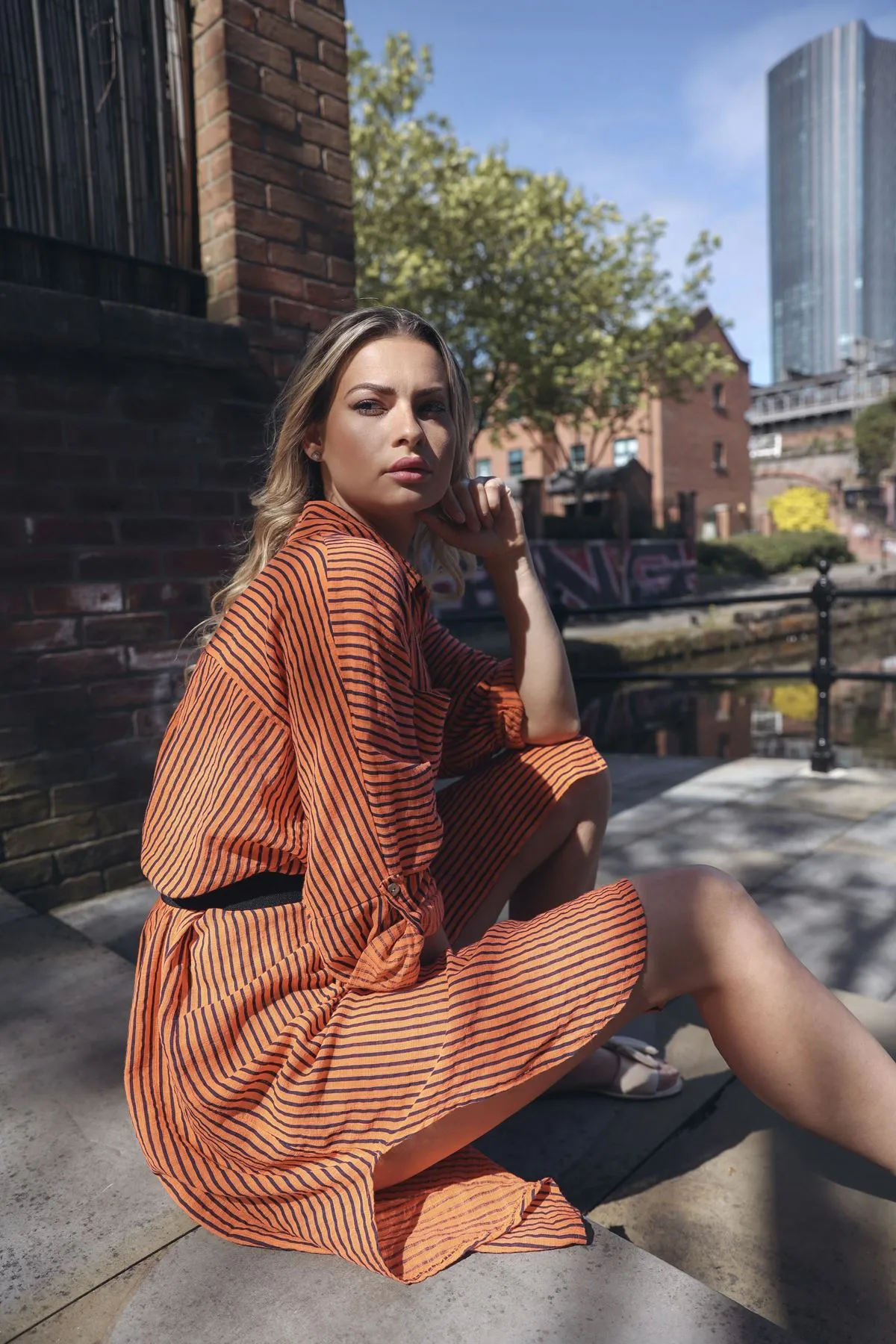 Vertical Pinstripes Print Two Chest Patch Pockets Cotton Dress
