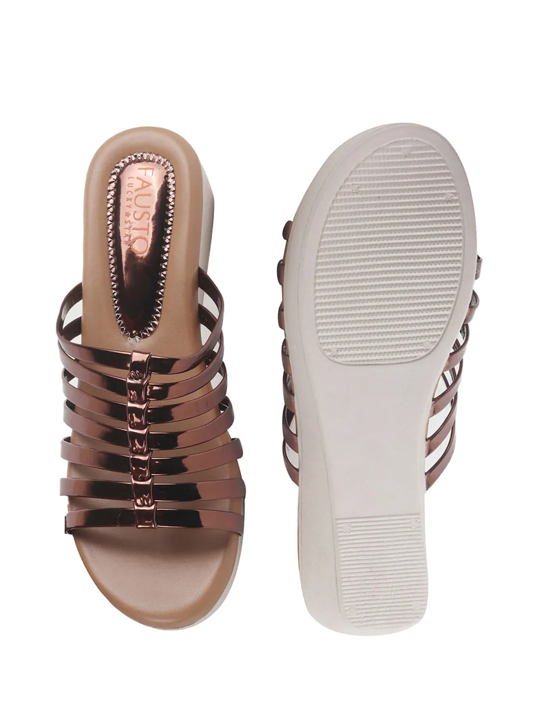 Women Copper Shiny Open Toe Multi Strap Wedge Heel Height Enhancer Ethnic Sandals|Slippers for Wedding|Festive|Occasion